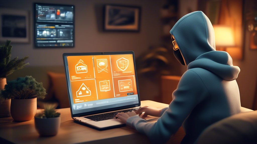 Create a digital illustration of a person using a laptop in a cozy home environment. The screen of the laptop displays the Norton Security Online interface, showcasing active protection. In the background, show subtle representations of digital threats like malware and viruses being blocked by a shield or firewall icon near the screen. The atmosphere should convey a sense of security and peace of mind.