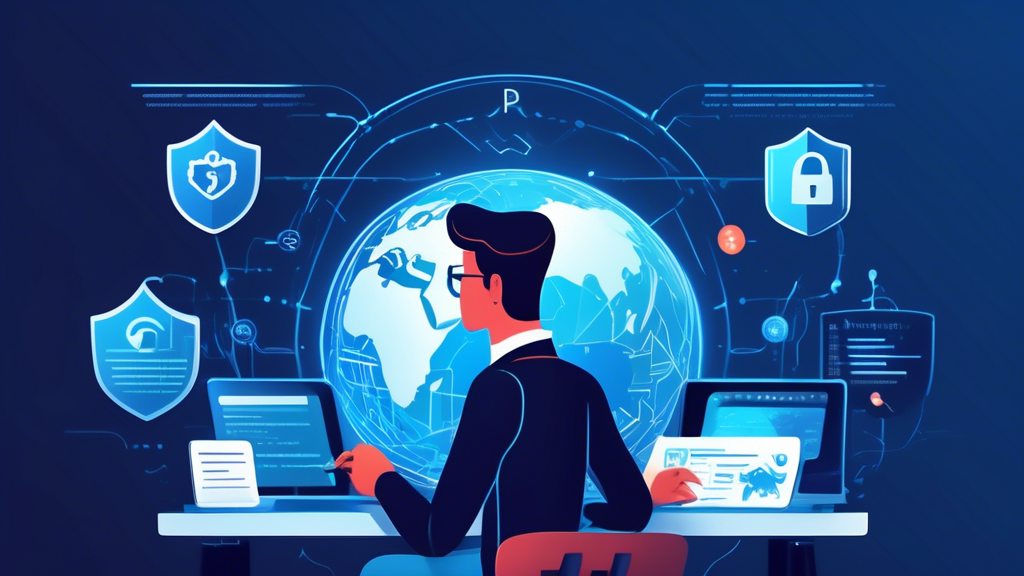 Create an illustration depicting essential tips for enhancing cyber security online: a person working on a computer with a strong password, a shield icon representing antivirus software, a padlock symbolizing encrypted data, a two-step verification process, a person reading a cybersecurity guide, and a globe indicating worldwide internet security, all connected by a network of secure lines.