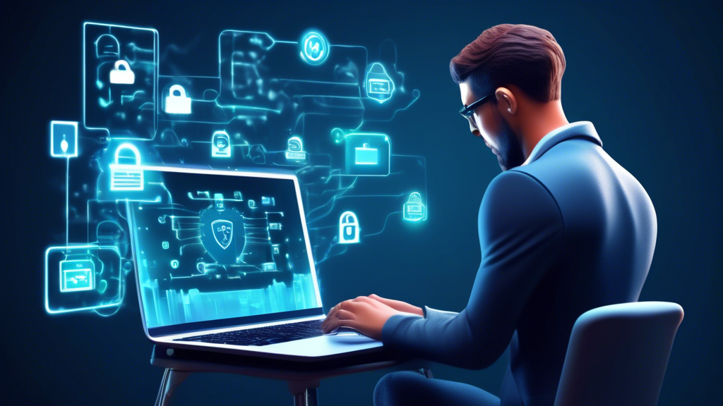 Create an image showcasing a person confidently using a laptop and smartphone with visible cybersecurity measures. Include elements like strong passwords, two-factor authentication icons, secure web browsing symbols, and padlocks. The background should have a modern home setting with a hint of technology, reflecting a secure digital environment.