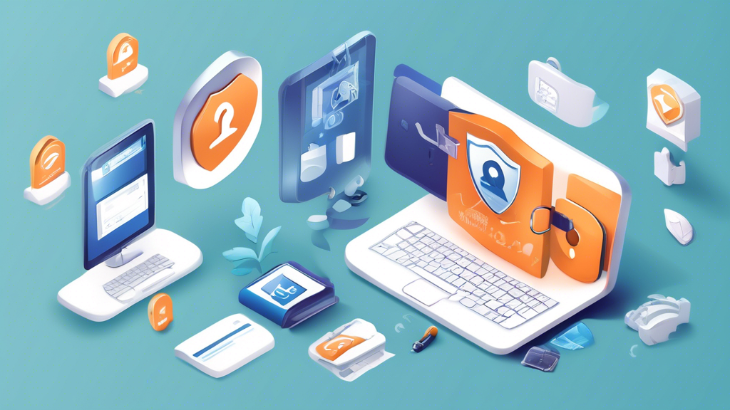 Create an image illustrating essential tips for online protection. This should include illustrations or icons representing key concepts such as a strong password, two-factor authentication, secure browsing, updating software, and being cautious with personal information. The imagery should be modern, clean, and clear, evoking a sense of security and reliability.