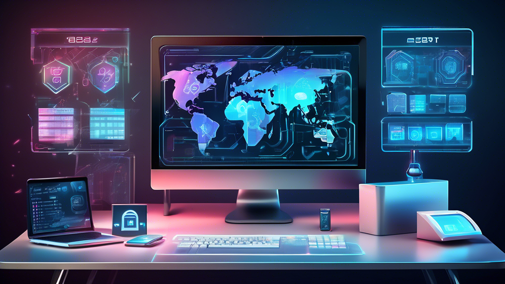 Create an image of a futuristic computer desk setup with holographic displays showing cybersecurity software, digital shields, and lock icons. Include a calendar displaying the year 2023 and various digital devices such as a laptop, smartphone, and tablet on the desk. The background should have a modern, high-tech office environment.