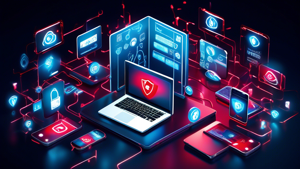 Create a sleek digital artwork of a variety of devices such as laptops, smartphones, and tablets surrounded by a protective shield made of interconnected digital security symbols and data streams, with the McAfee logo prominently displayed to symbolize robust internet security.