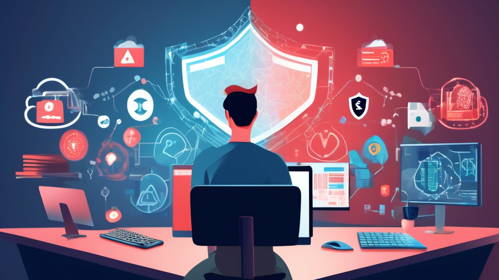 Create an image depicting a person sitting at a computer in a modern home office, confidently browsing the internet. They are surrounded by visual representations of digital security, such as shield icons, secure locks, and checkmarks. In the background, a subtle Trend Micro Internet Security logo is visible, indicating the protective layer around their digital life. The overall atmosphere should feel safe, secure, and technologically advanced.