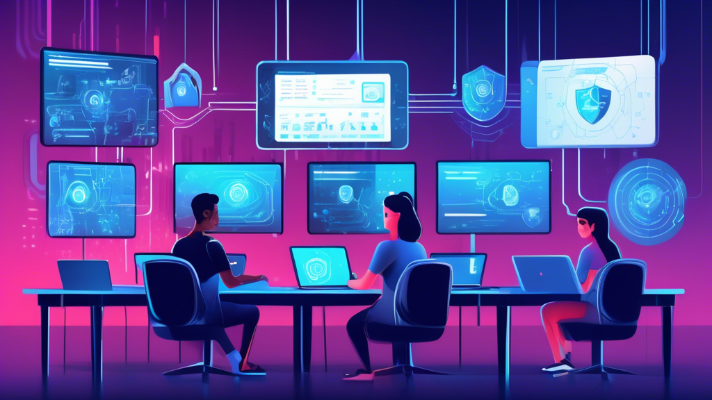 A digital art illustration of students engaged in an online cyber security class on their laptops and desktops. The background features a virtual classroom setup with large screens displaying codes, data protection shields, and security analytics. The students are interacting with a virtual instructor who is pointing to complex data charts and a digital padlock icon symbolizing security. Make the setting modern with futuristic elements and highlight the diversity of the students, representing different age groups and ethnicities.