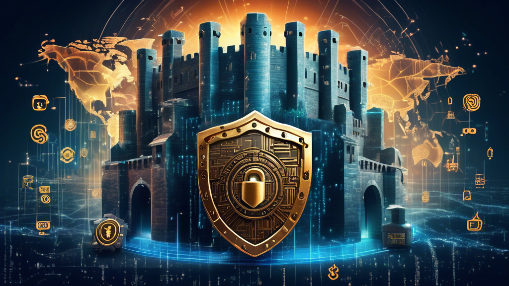 Create a highly detailed image of a digital fortress standing strong against a background of swirling binary code and cyber threats. Show a shield emblem emblazoned with padlocks and security icons like fingerprint scans, antivirus symbols, and secure cloud icons. In front of the fortress, depict logos and imagery representing top internet security companies working together to protect the fortress, symbolizing teamwork and advanced technology. The atmosphere should convey a high-tech, futuristic feel with a strong emphasis on safety and security.