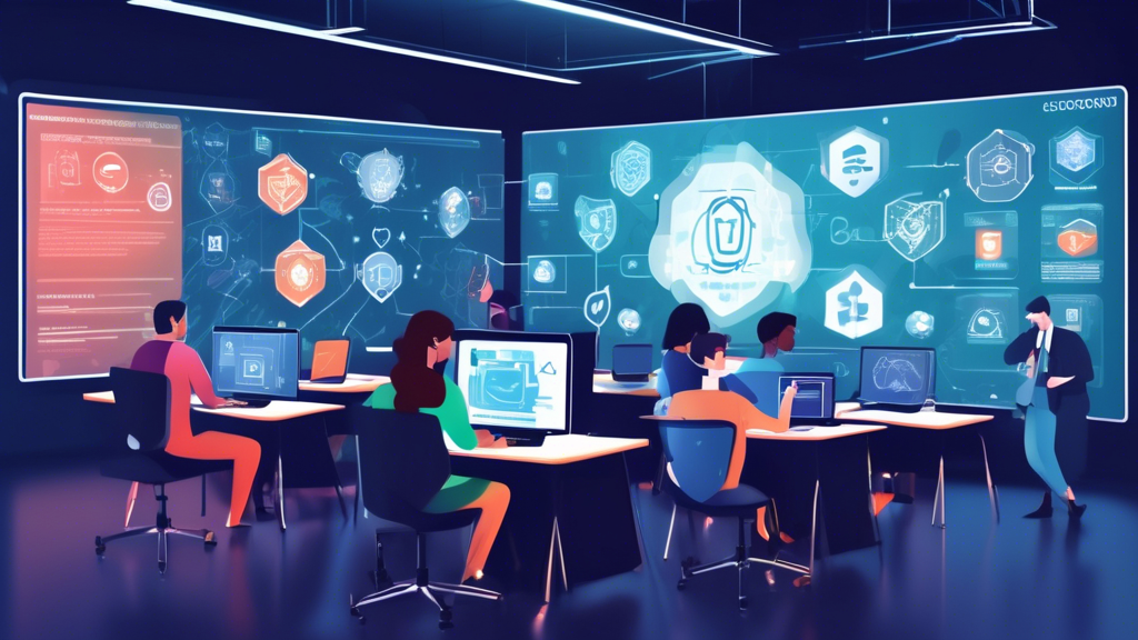 Create an image of a modern, high-tech virtual classroom filled with engaged students working on their laptops. The professor at the front is pointing to a large digital screen displaying cybersecurity-related graphics, such as shields, network diagrams, and encryption symbols. Surround the classroom with elements that represent top-notch online education, like certifications, badges, and a 'Top Ranked Best Cybersecurity Programs 2023' banner. The background should include subtle hints of prestigious academic institutions' logos.