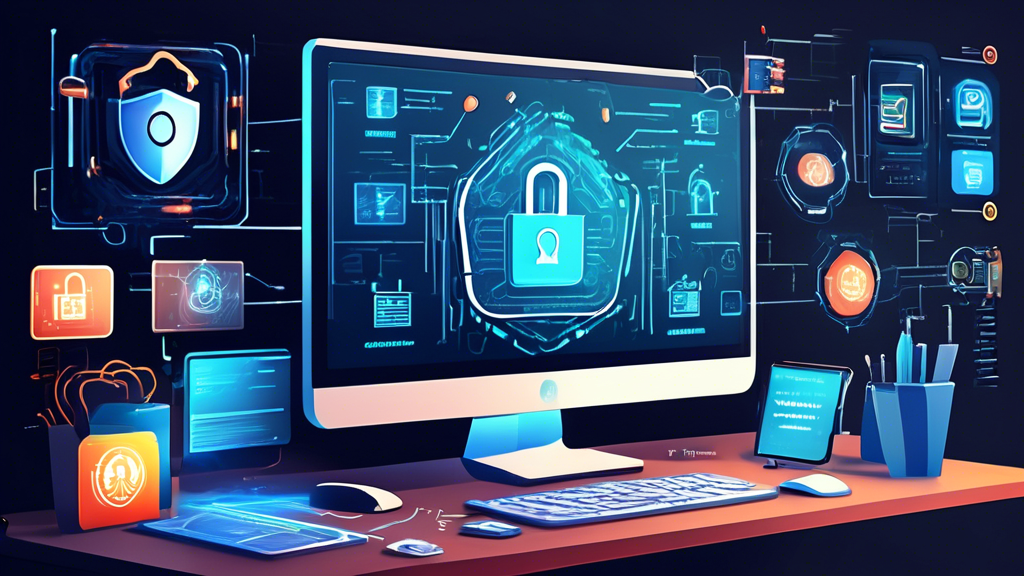 Create an image of a modern workspace with a high-tech computer showing various cybersecurity software interfaces. Surrounding the computer, include representations of top internet security strategies like strong passwords, multi-factor authentication, encrypted communication, regular updates, and advanced firewalls. Illustrate these strategies with icons or visual elements such as locked padlocks, fingerprint scanners, shield symbols, digital encryption codes, and update notifications to emphasize their importance in 2023.