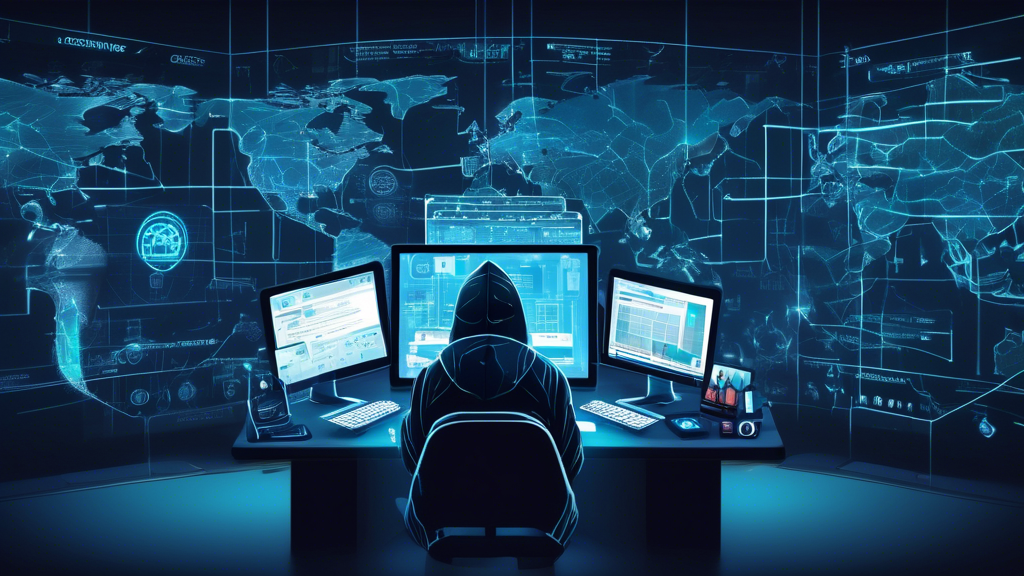 Create an image depicting a virtual cybersecurity command center with high-tech digital tools and interfaces specifically designed for conducting online penetration testing. Include elements like a hacker in a hoodie working on a laptop with code streams and security firewalls on multiple screens, a globe network visualization, and logos of popular pentesting tools such as Nmap, Metasploit, and Burp Suite. The scene should be set in a modern, futuristic aesthetic with a focus on technology and security.