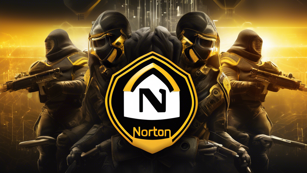 Create an image depicting Norton Internet Security as a powerful shield against various cyber threats like viruses, malware, and hackers. Show a digital fortress with the Norton logo prominently displayed, standing strong while threats are deflected and neutralized by the shield. The background should hint at an interconnected online world, with various devices like computers, tablets, and smartphones being secured within the fortress.