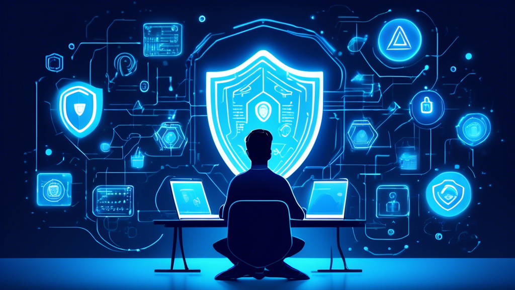 Create an illustration showcasing a person using a laptop surrounded by futuristic digital security symbols. The person is protected by a shield emitting a blue glow, symbolizing robust internet security. Include icons representing tips and best practices such as a strong password, antivirus software, VPN, two-factor authentication, and secure cloud storage. The background should have a circuitry pattern, emphasizing advanced technology and cybersecurity.