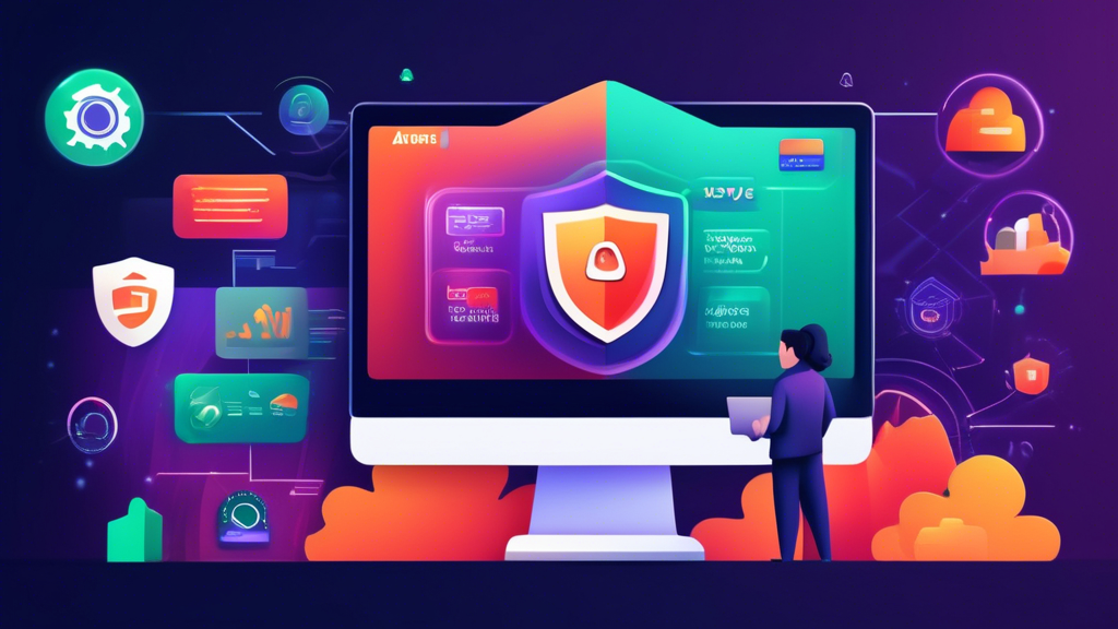 A detailed digital illustration depicting a user-friendly interface of AVG Internet Security 2022. Showcase various security features like firewall, antivirus, and email protection with icons and charts. Include a happy user sitting at a computer, feeling secure and confident, reflecting the software's reliability and comprehensive protection.