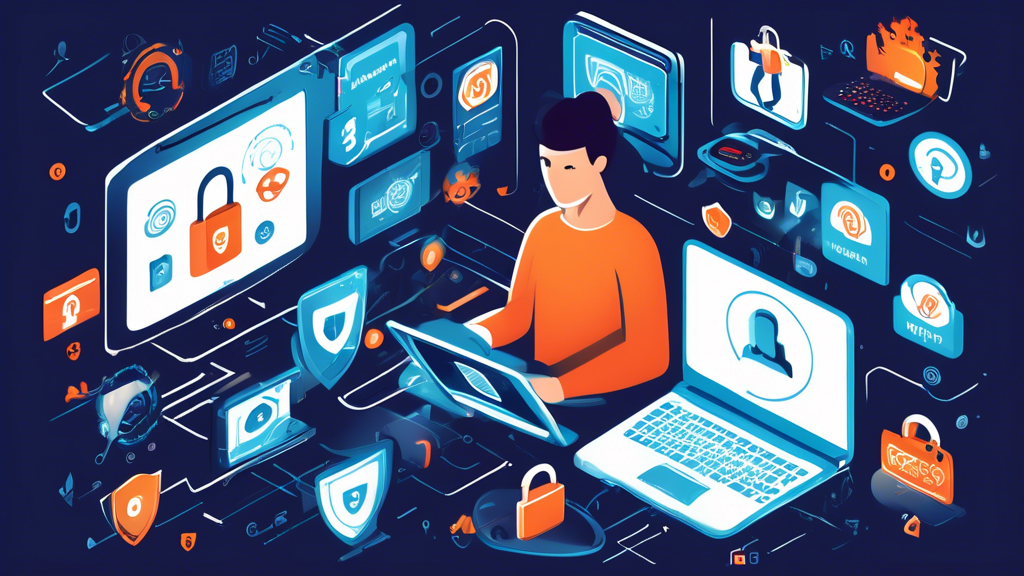 An informative illustration of a person using multiple devices such as a laptop, smartphone, and tablet, surrounded by icons representing various internet security measures like strong passwords, two-factor authentication, VPN, encryption, and secure web browsing. The background features a digital shield symbolizing protection, while padlocks, a firewall, and a magnifying glass searching for threats also contribute to the narrative of safeguarding identity online.