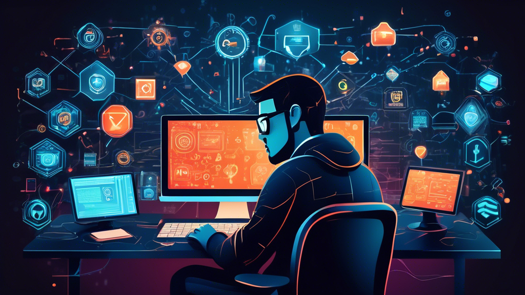 Create a detailed illustration of a cybersecurity expert meticulously working on a computer, surrounded by digital icons representing malware and antivirus software. The background should depict a dark computer code environment, with the expert's area illuminated to emphasize focus on removing malware from a website. Include subtle symbols of threat detection and cybersecurity protection, such as shields and warning signs, to convey the theme of 'Effective Techniques for Website Malware Removal.'