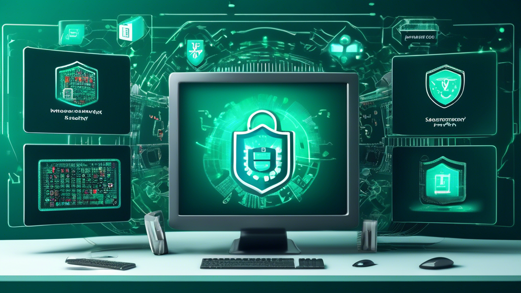 Create an image of a high-tech computer screen displaying a robust security dashboard featuring the Kaspersky logo. Surrounding the screen, include icons representing various internet security aspects such as a lock, shield, and virus protection. Make sure the background conveys a sense of technological sophistication with abstract digital patterns and binary code.