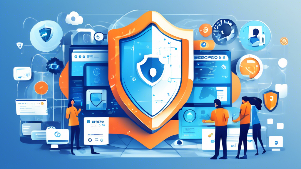 Create a digital illustration showcasing the protection of personal data and online activities with Sophos Internet Security. Depict a computer screen surrounded by a powerful shield, with icons representing cybersecurity, such as a padlock, shield, and checkmark. Incorporate elements like antivirus symbols, people browsing safely, and a background that suggests secure and protected internet use. Emphasize a sense of safety, modern technology, and reliability.