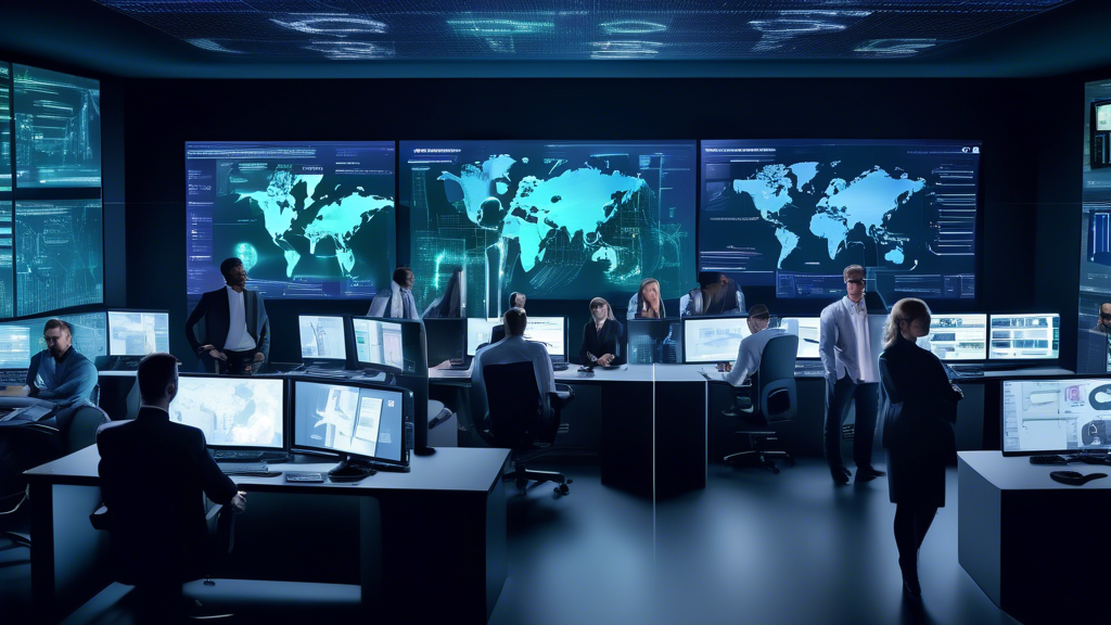 Create an image depicting a diverse team of cybersecurity experts analyzing data on large monitors in a high-tech control room, with TELUS branding visible on some screens. The atmosphere should convey a sense of vigilance and sophistication in online security. Include visual elements like secure locks, digital shields, and data streams flowing securely to emphasize the theme of enhancing online safety.