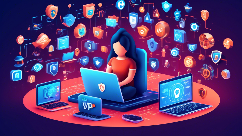 Create a digital illustration featuring a person using a laptop, surrounded by multiple layers of security icons such as padlocks, shields, and antivirus symbols. The background should include a blend of modern technology elements like Wi-Fi signals, encrypted data streams, and virtual private network (VPN) symbols. The overall theme should convey a sense of strong, multi-faceted online protection.