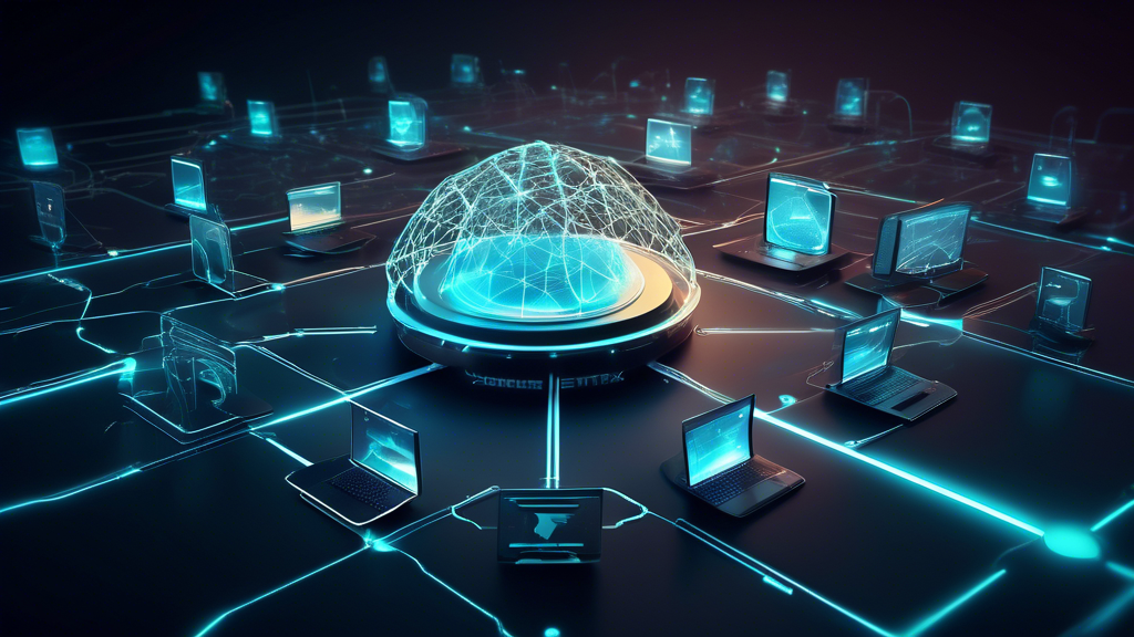 Create an image of a futuristic digital landscape featuring a network of connected computers protected by a glowing security shield. Highlight the presence of the Acunetix Online logo, emphasizing its role in web security by including elements like virtual locks, a scanning radar, and code being analyzed. The background should have sleek, modern graphics representing a safe and secure online environment.