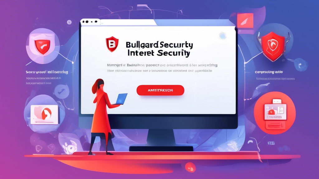 Create an image showcasing BullGuard Internet Security in action. The scene features a computer screen displaying the BullGuard interface with its security features highlighted, such as antivirus protection, firewall, and parental controls. Around the screen, illustrate various digital threats like viruses, malware, and phishing attempts being repelled by a virtual shield or barrier, symbolizing protection. The background shows a comfortable home office setting, emphasizing that the user's digital life is safeguarded.