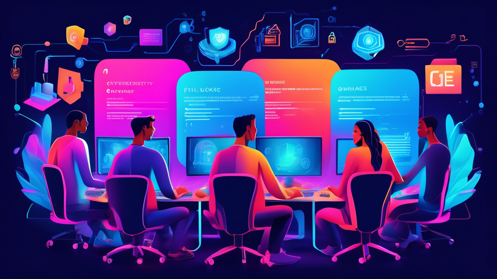 Create an illustration showing a diverse group of individuals at their computers, immersed in the SANS Cyber Aces Online program. The background should display symbols of cybersecurity like shields, locks, and connected networks, full of vibrant, glowing code streams. Include elements of learning, such as textbooks or virtual tutorials, emphasizing a modern, high-tech education environment.