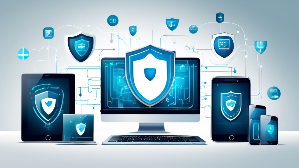 Create an image showcasing a modern digital shield protecting various devices like a laptop, smartphone, and tablet. The shield should feature the NOD32 Internet Security logo prominently. In the background, depict a seamless digital environment with a secure network, showcasing various security elements like padlocks, checkmarks, and encrypted lines connecting the devices. The overall atmosphere should convey a sense of advanced protection and cybersecurity.