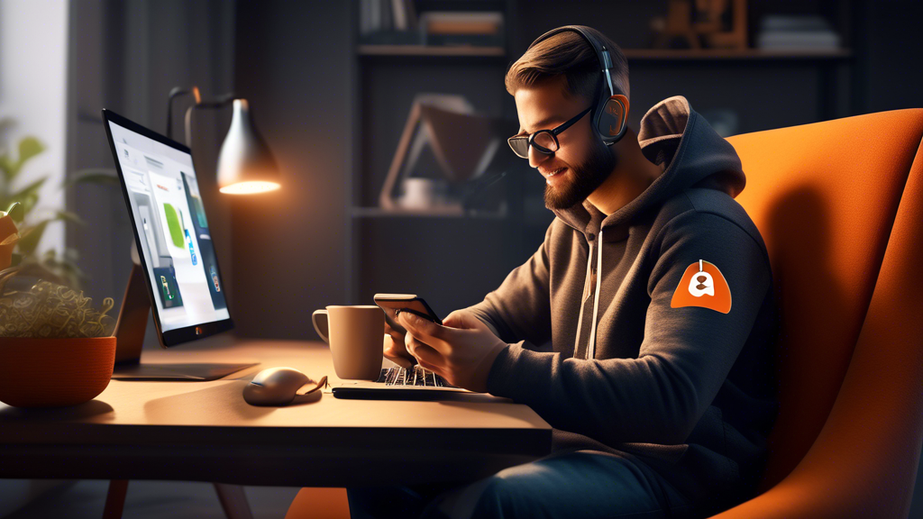 Create an image portraying the key elements of digital safety with Avast Internet Security. Depict a person confidently using their computer and smartphone in a cozy, modern home environment. Show Avast's shield logo prominently on the screens, symbolizing protection. Surrounding the person, include subtle visual elements representing online threats being blocked, such as encrypted data streams, lock icons, and benign security alerts. Use bright, inviting colors to evoke a sense of safety and peace of mind.