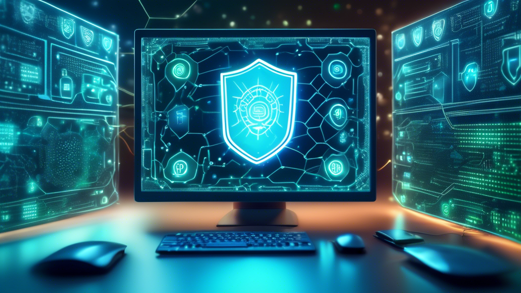 Create an image that illustrates a high-tech, futuristic digital shield protecting a computer screen surrounded by tiny, detailed viruses and malware icons. The computer screen displays a serene landscape, symbolizing safe browsing, while the digital shield glows with electric blue and green hues. In the background, include subtle elements of a network grid or matrix to emphasize online protection.