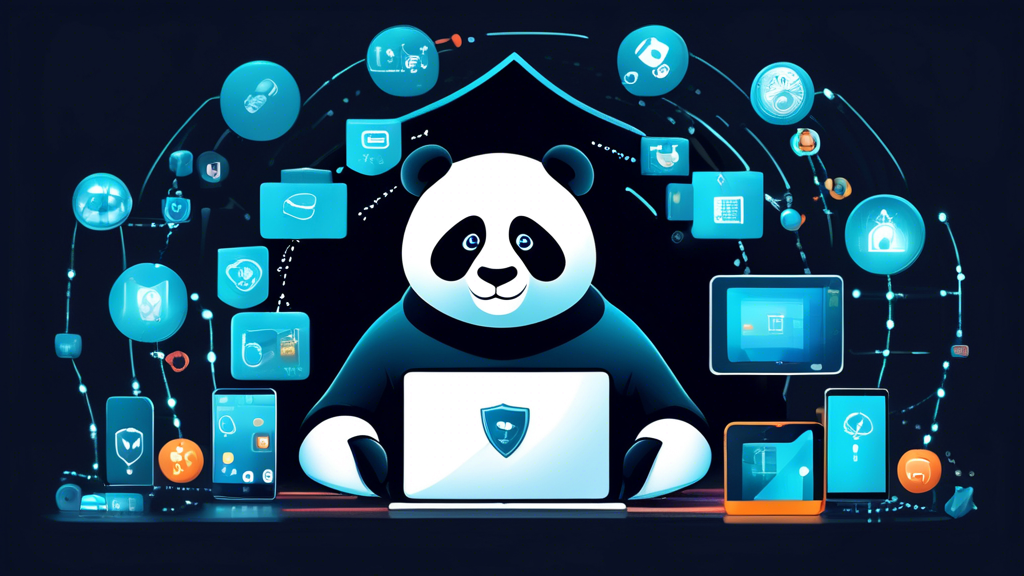 Create an image showcasing various electronic devices like a laptop, smartphone, and tablet protected by a shield with a panda mascot on it. Surround these devices with icons representing cybersecurity features such as a lock, firewall, antivirus, and secure browsing. The background should include a digital network to symbolize internet connectivity, emphasizing the comprehensive security benefits provided by Panda Internet Security.