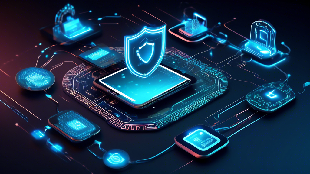 Create an image showcasing a futuristic digital shield enveloping various devices such as a smartphone, laptop, and tablet. The shield should have glowing circuitry patterns to symbolize advanced cybersecurity. In the background, display a dynamic mix of symbols like padlocks, keys, and checkmarks to indicate security and protection. The scene should convey a sense of cutting-edge technology and peace of mind, with a sleek and modern design. Include subtle text elements like Top Internet Security Deals and Protect Your Digital World seamlessly integrated into the image.