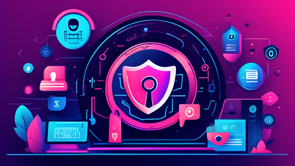 Create a digital illustration that visually represents Top Internet Security Tips for 2023. Include a modern laptop with several icons around it such as a shield, a lock, a fingerprint scanner, a VPN symbol, and an antivirus emblem. The background should feature a sleek, futuristic design in dark tones, giving it a tech-savvy feel. Show diverse characters, like business professionals, students, and everyday users, interacting with these security measures, symbolizing protection while using the internet.