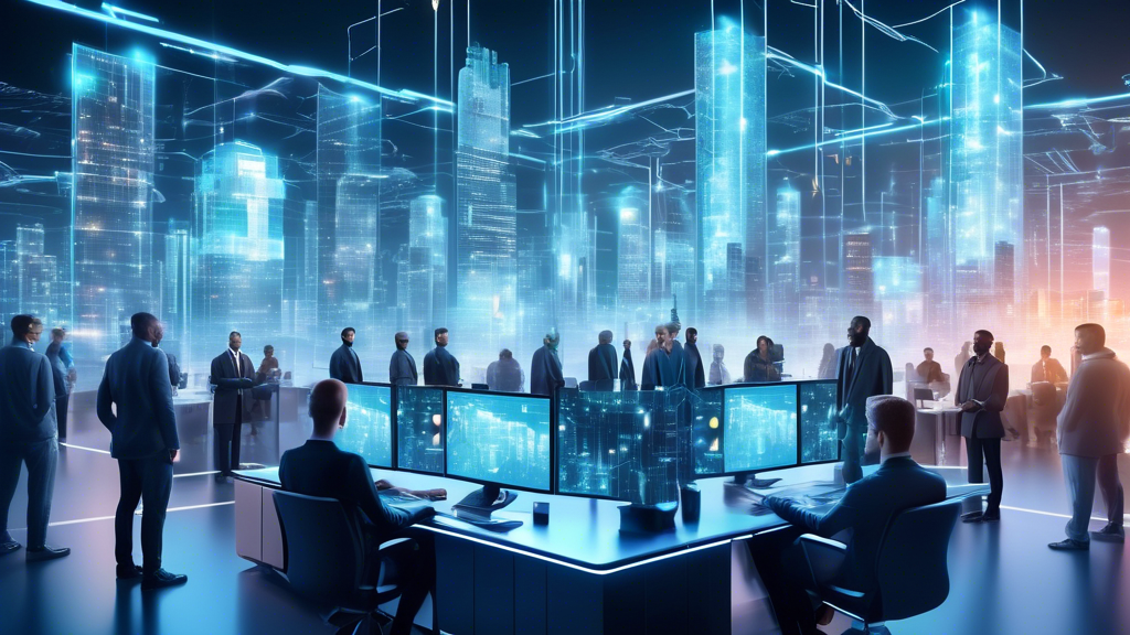 Create an image of a futuristic digital cityscape protected by towering, high-tech security structures with glowing locks and shields. In the foreground, show a diverse group of cybersecurity professionals and sophisticated AI avatars collaborating to monitor and guard the network. Include holographic screens displaying data analytics and security protocols, symbolizing the top online security companies safeguarding the digital life.