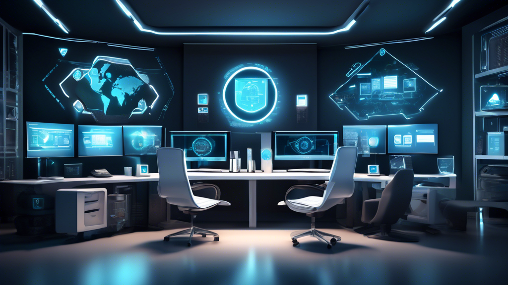 Create a detailed and visually appealing image showcasing a futuristic home office with multiple computer screens on a sleek desk. Each screen displays a different aspect of top-tier internet security software, such as antivirus protection, firewall settings, and data encryption. Surround the workspace with icons representing various security features like a shield, lock, and magnifying glass. The scene should evoke a sense of cutting-edge technology and robust online protection, emphasizing the importance of internet security in 2022.