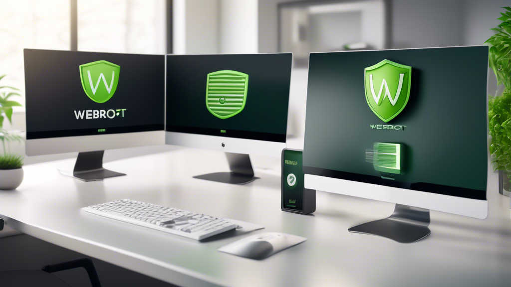 A modern, sleek desktop computer surrounded by multiple digital shields with the Webroot logo prominently displayed. The background showcases a serene home office environment, emphasizing a sense of security and peace of mind. The image includes subtle icons representing various online threats (like viruses, phishing scams, and malware) being blocked by the Webroot shields.