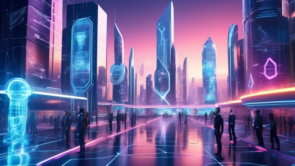 A futuristic cityscape in 2023, showcasing various advanced internet security suites as digital guardians protecting a vibrant cyber-world. Each guardian represents a leading security brand, depicted as high-tech warriors or sentinels with corresponding logos and features. The background includes digital networks and data streams, emphasizing cutting-edge technology and protection.