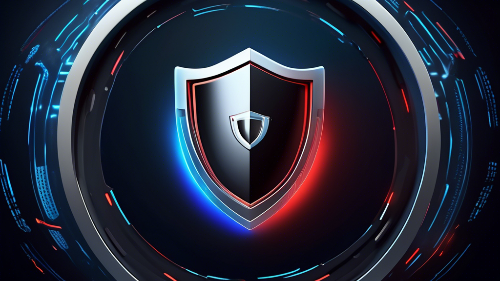 Create an image of a digital world protected by a powerful shield with the Bitdefender logo in the center. The shield is deflecting various online threats such as viruses, hackers, and malware. Surround this central imagery with everyday scenarios like people working on computers, shopping online, and socializing through social media, all enveloped in a secure, glowing aura.