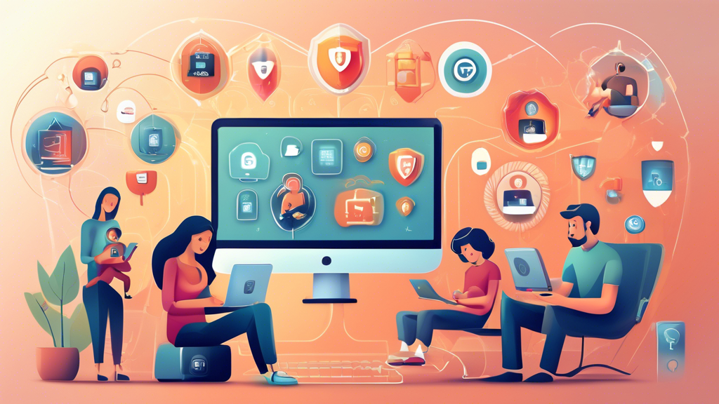 Create a detailed illustration of a family using a computer and various smart devices at home, surrounded by a protective digital shield symbolizing internet security. The shield should be labeled 'TELUS Internet Security' and include high-tech elements such as encryptions, firewalls, and security icons to emphasize advanced protection. The home setting should be modern and comfortable, with subtle TELUS branding integrated into the scene.