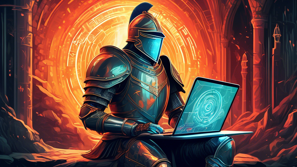 Create a detailed digital illustration depicting a serene and secure digital landscape protected by a vigilant knight in armor, emblematic of Comodo Internet Security. Show a blend of modern and mythical elements, with glowing shields and digital barriers safeguarding users' devices from lurking cyber threats. Integrate subtle icons of computers, smartphones, and tablets enveloped in a protective aura to emphasize online safety.