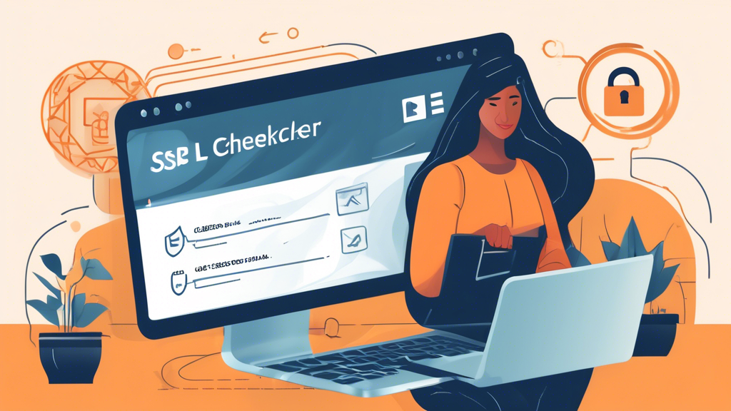Create an illustration of a person using a laptop to access an online SSL checker tool. The laptop screen displays a secure website with a padlock icon in the address bar and a checklist of SSL certificate features. Surround the scene with symbols of internet security, like shields, keys, and encrypted data streams. The environment should be a modern home office, conveying a professional yet approachable atmosphere.