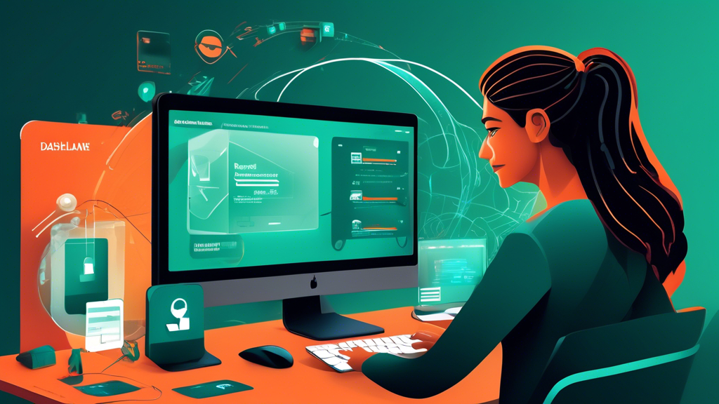 Create a digital illustration of a user engaging with an online security application on their desktop that prominently features Dashlane. The screen should showcase Dashlane's password manager interface, with visual elements like secure password storage, encrypted vaults, and multi-factor authentication icons. Surround the user with symbols of security such as locks, shields, and a network of interconnected devices, all radiating a sense of safety and protection. The background could include soft tech-themed patterns to emphasize the modern, high-tech nature of the service.