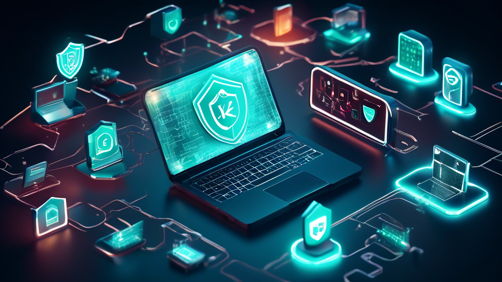 Create an image featuring a laptop and a smartphone surrounded by a glowing shield to represent protection. The background should include the Kaspersky logo and an array of digital symbols and icons depicting security and internet connectivity. The overall theme should convey digital protection and cybersecurity.