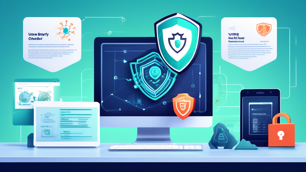 Create an image showcasing a user-friendly online virus checker interface on a computer screen, highlighting key benefits like instant scanning, real-time protection, and detailed threat reports. The background can include a shield symbol and various icons representing security, speed, and efficiency.