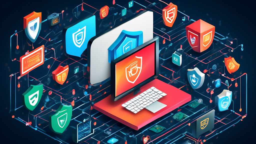 A digital illustration depicting modern internet security features: an advanced computer screen displaying various security programs, icons of antivirus software, firewall protection, VPN services, and password managers. The background showcases a network of interconnected lines symbolizing the internet, with shields and locks scattered throughout to signify protection and security.