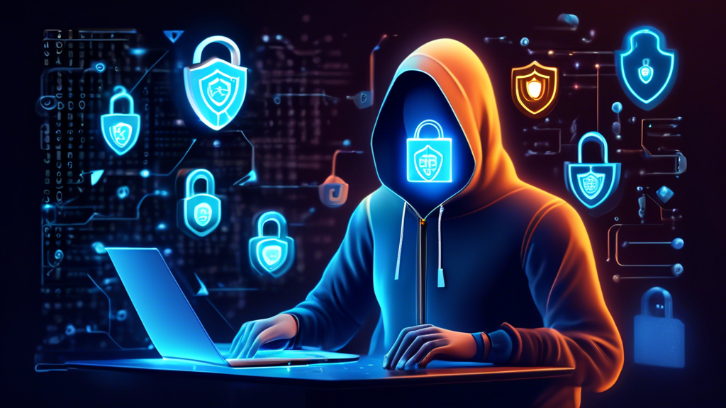 Imagine an image that vividly represents the concept of internet security services working to protect one's online presence. Here is a DALL-E prompt for that image:nnCreate a visually stunning digital illustration of a person using a laptop, surrounded by a glowing, protective shield of binary code and cybersecurity icons (like padlocks, shields, and antivirus symbols). In the background, depict a network of interconnected devices, with faint outlines of potential online threats being blocked by the shield. The overall atmosphere should convey a sense of safety, protection, and advanced technology working seamlessly to defend the user's online presence.