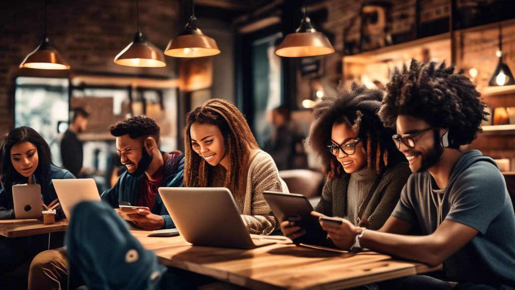 Create an image of a diverse group of people using their laptops, tablets, and smartphones in a cozy coffee shop setting. Each person is practicing online safety measures such as using strong passwords, updating antivirus software, and recognizing phishing attempts, with visual cues like checkmarks, shield icons, and alert symbols. The atmosphere is positive and collaborative, emphasizing the importance of cybersecurity awareness in everyday digital life.