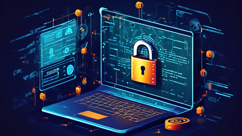 Create a detailed digital illustration depicting a computer security concept focused on preventing SQL Injection attacks. The image should show a computer screen displaying a secure login interface with robust security measures, such as a padlock icon, shields, and security codes. The background should feature abstract representations of coding, databases, and firewalls, highlighting the technical aspect of preventing such cyber attacks. Incorporate elements like warning signs or symbols of attacks being blocked to emphasize protection.