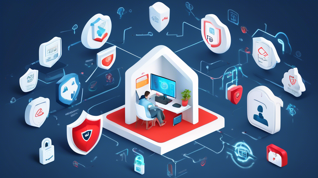 Create an image showcasing a secure digital environment, featuring a computer screen displaying the McAfee logo along with various digital protection icons such as shields, locks, and network security symbols. The background should depict a family comfortably using their devices in their home, symbolizing the safety and peace of mind provided by McAfee Online Protection.