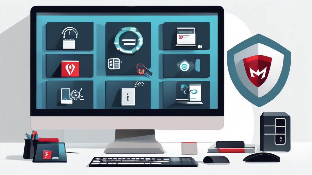 Create an image of a modern, sleek home office with a computer displaying the McAfee logo on the screen. Surround the computer with various digital icons symbolizing online threats, such as viruses, malware, and phishing attempts. Include a shield icon and a secure lock symbol prominently to represent protection and security. The overall setting should convey a sense of safety, professionalism, and cutting-edge technology.