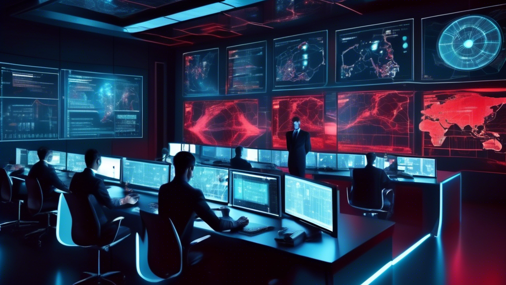 Create an image depicting a futuristic cybersecurity control room. In the center, there is a large digital screen displaying real-time malware threat maps and graphs. Surrounding it, several cyber analysts in sleek, high-tech outfits are intently monitoring the data. On another screen, a sophisticated AI program is highlighting potential malware threats with red markers. The overall ambiance combines a high sense of urgency with advanced technology and collaboration.