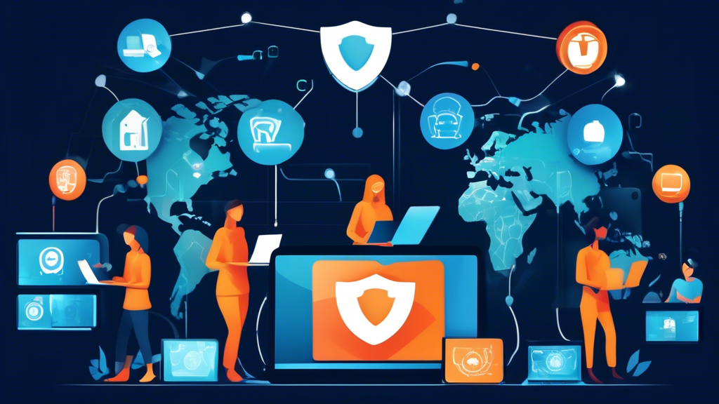 Create an image that illustrates the concept of 'Enhancing Digital Safety with NOD Internet Security Solutions.' The scene should feature a diverse group of people using various digital devices like laptops, smartphones, and tablets in a safe, secure environment. Include visual elements like shields, locks, and glowing security icons hovering around digital devices to symbolize protection. The background should suggest a modern, connected world with elements of technology and cybersecurity. Make the atmosphere optimistic and reassuring.