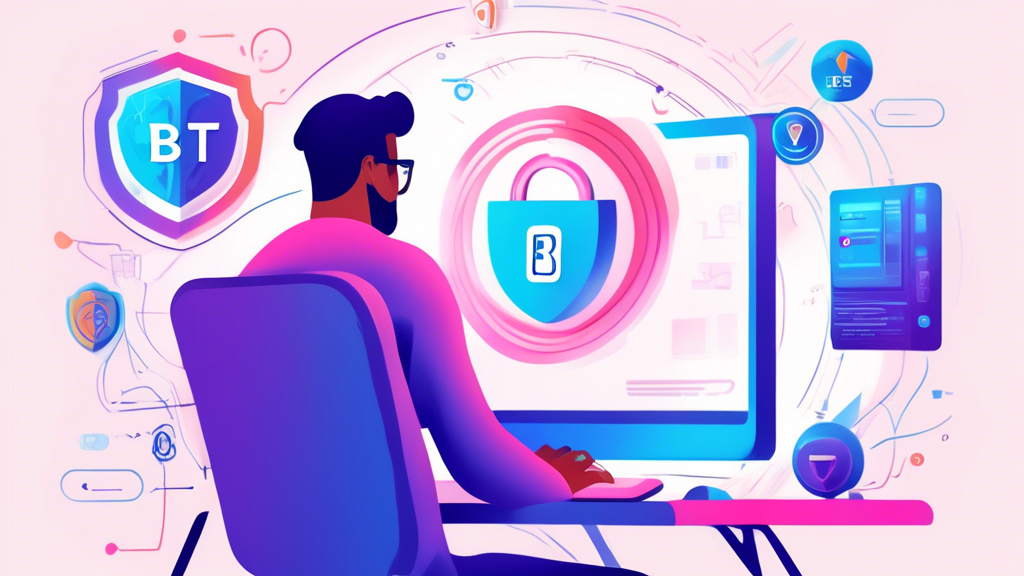 Create a detailed and informative illustration featuring a person using their computer with a BT Internet logo on the screen. The scene should include secure elements like padlocks, shields, and alerts symbolizing different aspects of internet security such as antivirus software, firewall protection, phishing prevention, and password management. Use a clean, modern design with soft colors to convey a sense of safety and reliability.